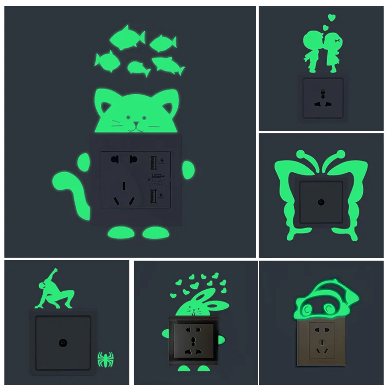 Световой мультяшный переключатель наклейки светится в темноте кошки
