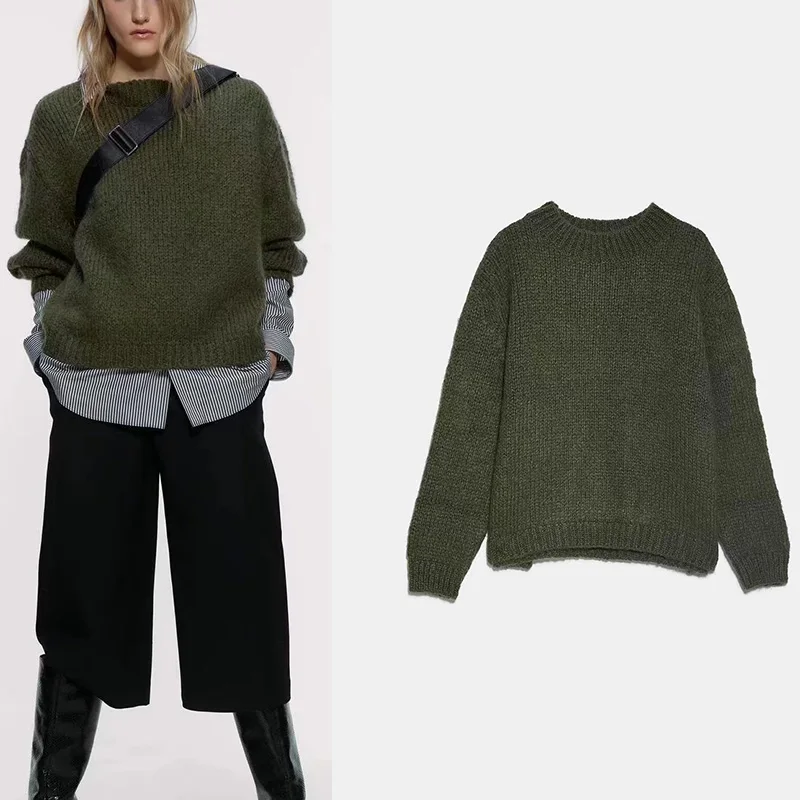 Женский свитер с длинным рукавом Za темно-зеленый Свободный Повседневный пуловер