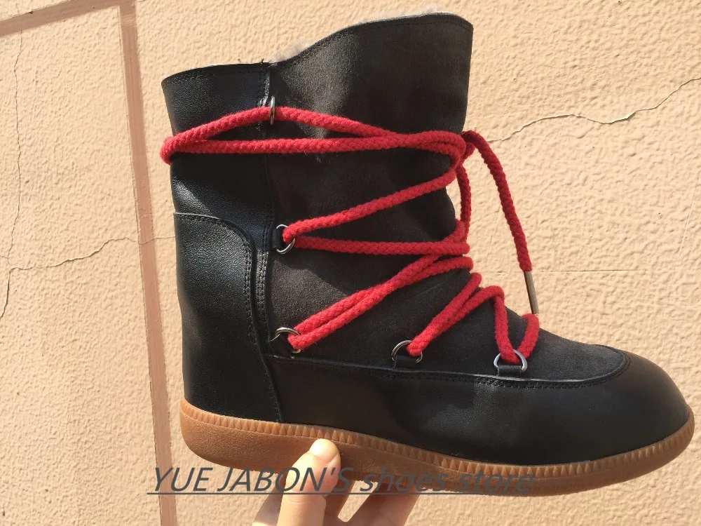 Yue jabon/теплые замшевые женские зимние ботинки; женские кожаные зимние ботинки на танкетке; женские ботинки с перекрестной шнуровкой; меховые ботинки до лодыжки
