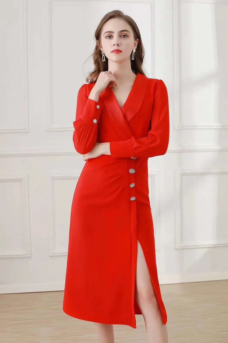 

Quality New Top Korean Fashion Style Dress Women V-Neck Crystal Beading Buttons Deco Long Sleeve Mid-Calf Length Black Red Dress