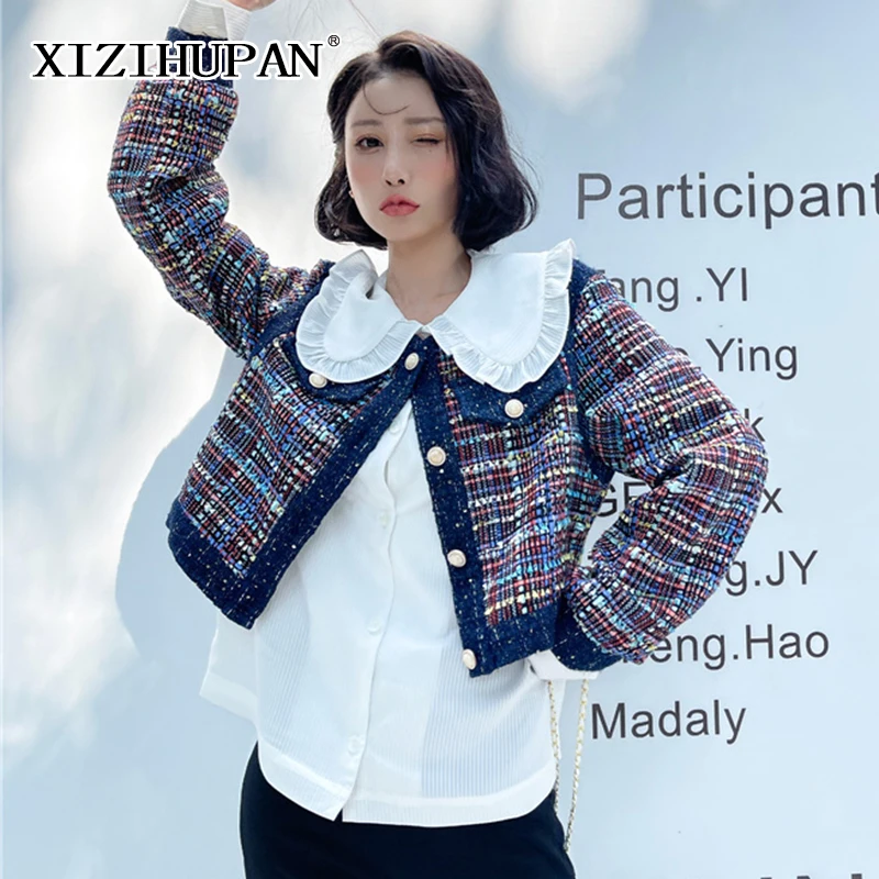 

Повседневное свободное клетчатое пальто XIZIHUPAN в стиле пэчворк с цветными блоками, женское модное пальто с отложным воротником и длинным рук...