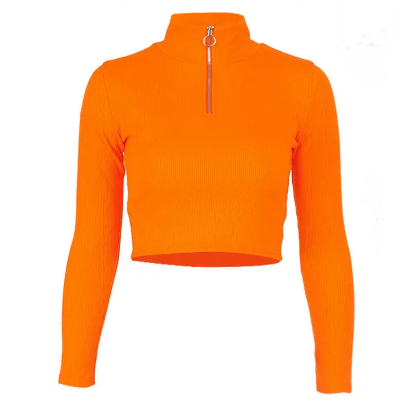 Женская укороченная блузка с длинным рукавом на молнии сплошной цвет