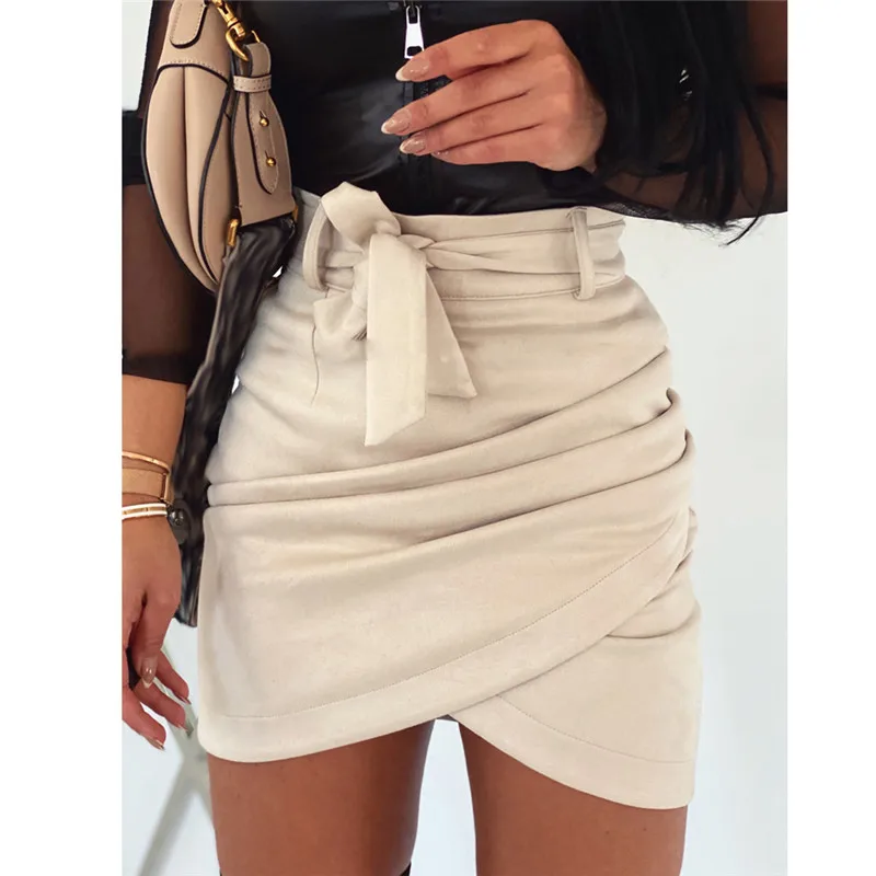 

Women's High Waist Skirt Suede Stylish Wrap Runched Bodycon Pencil Skirt Ladies Party Mini Skirts