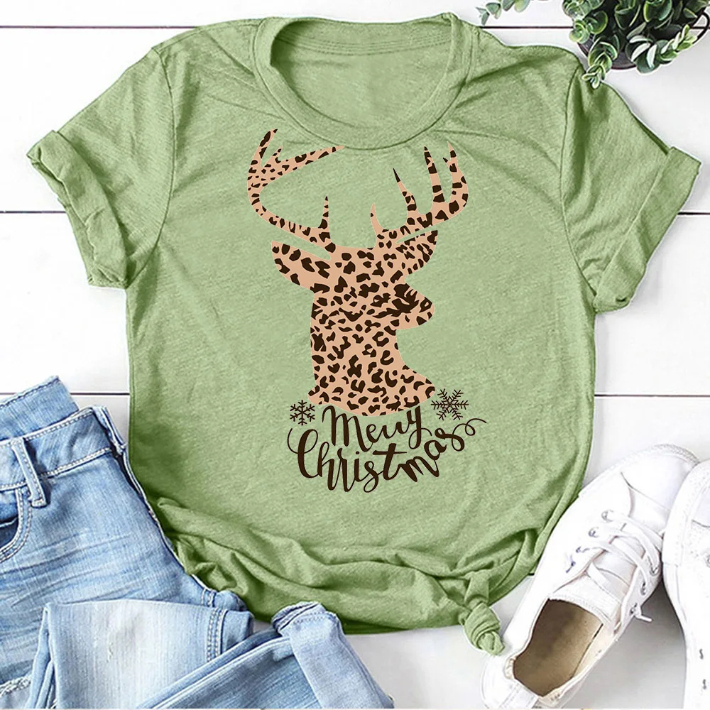 

Women Golden Deer Head Tshirt Short Sleeve Round Neck Top Tee Shirt Femme Merry Christmas Letter Printed Funny Christmas T Shirt