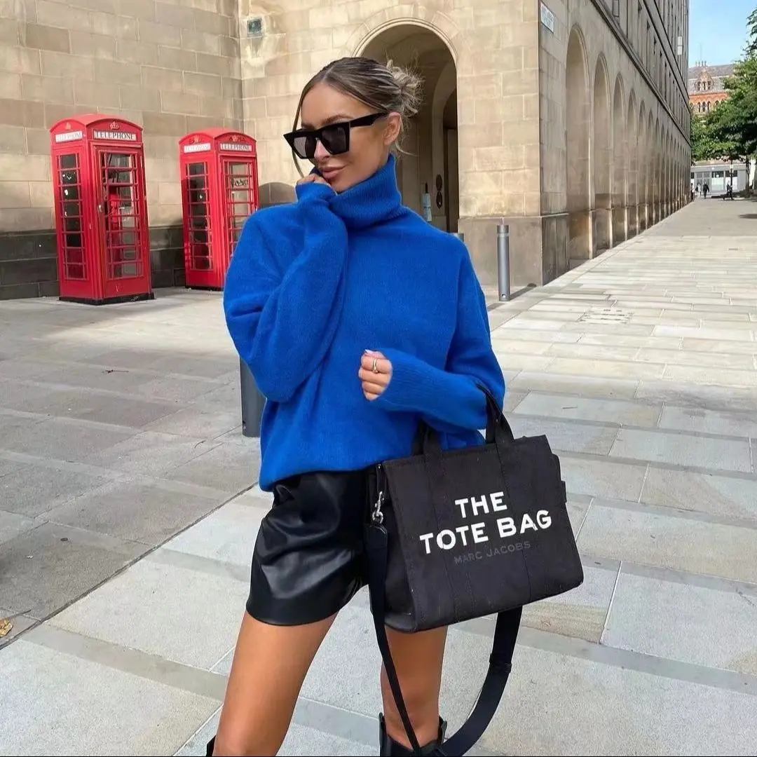 

JUNWU Autumn Za Women's Klein Blue High Lapel Long Sleeve Elastic Knit Sweater Pullover High Street Style