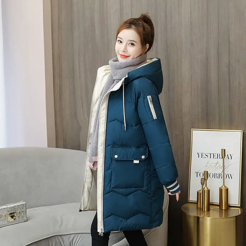 Winter Cotton Padded Jacket Women Hooded 2021 New Korean Office Lady Long Coats Parka Thickened Warm Mid-long Puffer Jacket