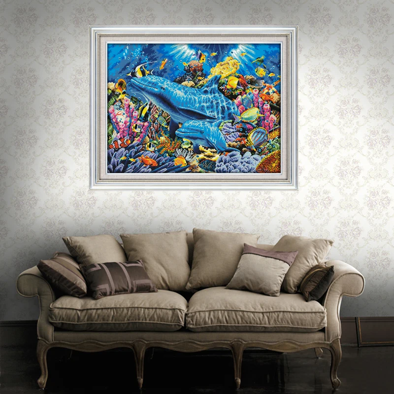 

oneroom Dolphin in the Sea D952 Large living Room Decoration Grid Embroidery Needlework DIY Hand Cross stitch 11CT 14CT
