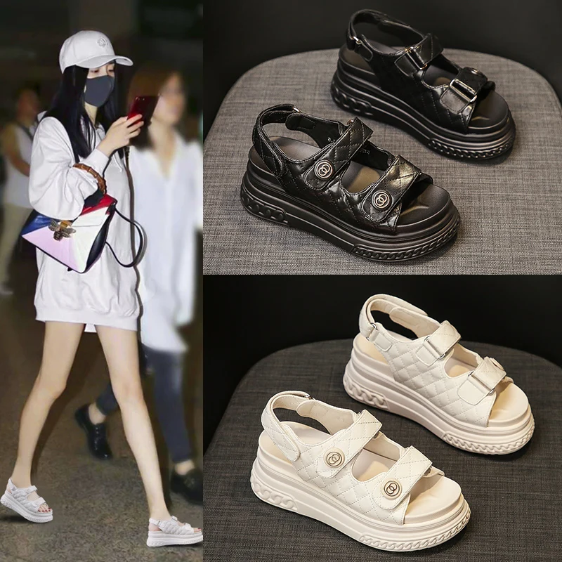 

Women's Thick-Soled Sandals 2021 New Women's Summer Fairy All-Matching Internet Celebrity Velcro Height Increasing Insole Shoes