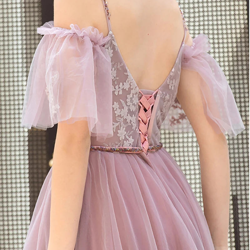 

Luxury Evening Dress Illusion Spaghetti Strap Embroidery Lace Sequined Tulle Sleeveless A-Line V-Neck Lady Formal Dresses TS380