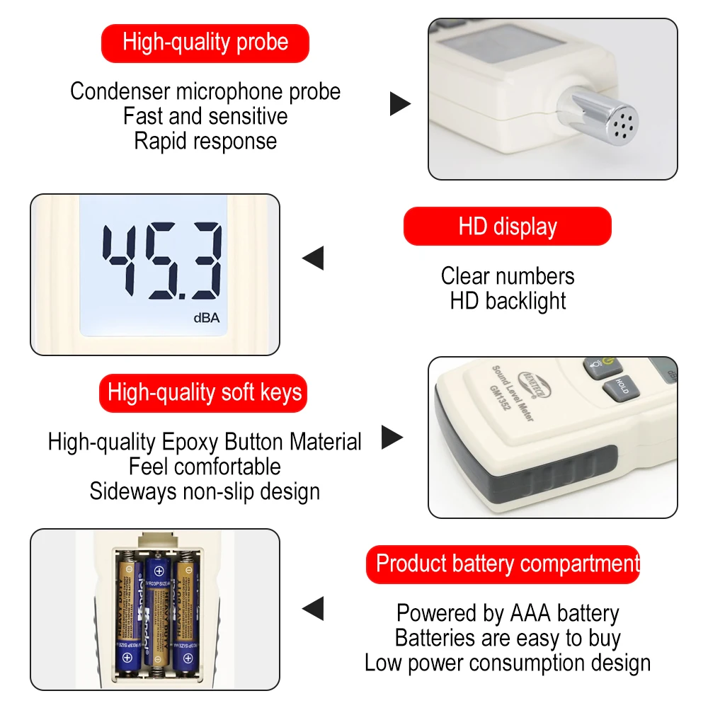

Digital Sound Level Meter Noise Tester Meter in Decibel Audio Detector Auto Microphone GM1352 30-130dB with LCD Display Backlit