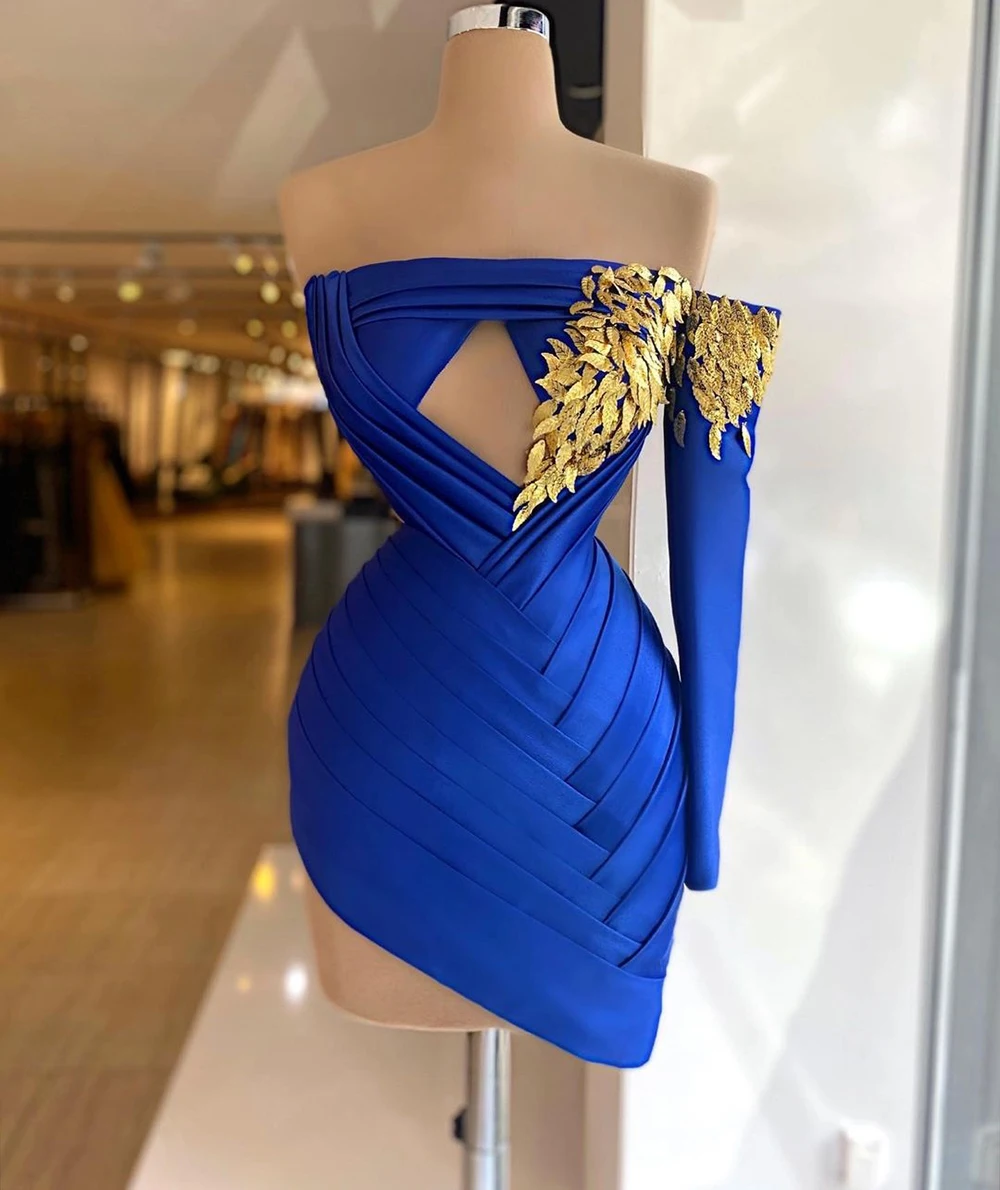 

Тёмно-синие короткие вечерние торжественное платье спроектированные одиночные одежда с длинным рукавом с золотым бисером многоярусные Пл...