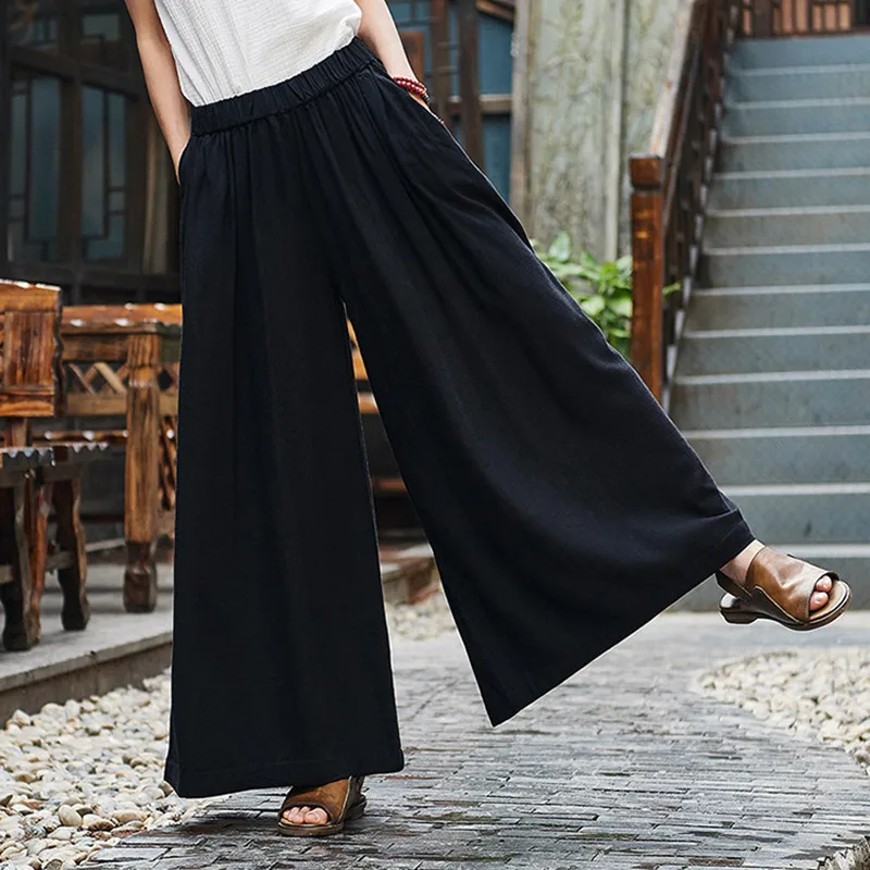 

Autumn Winter Linen Wide Leg Pants New Vintage Elastic Waist Pockets Women Clothing Loose Trouser Female Streetwear