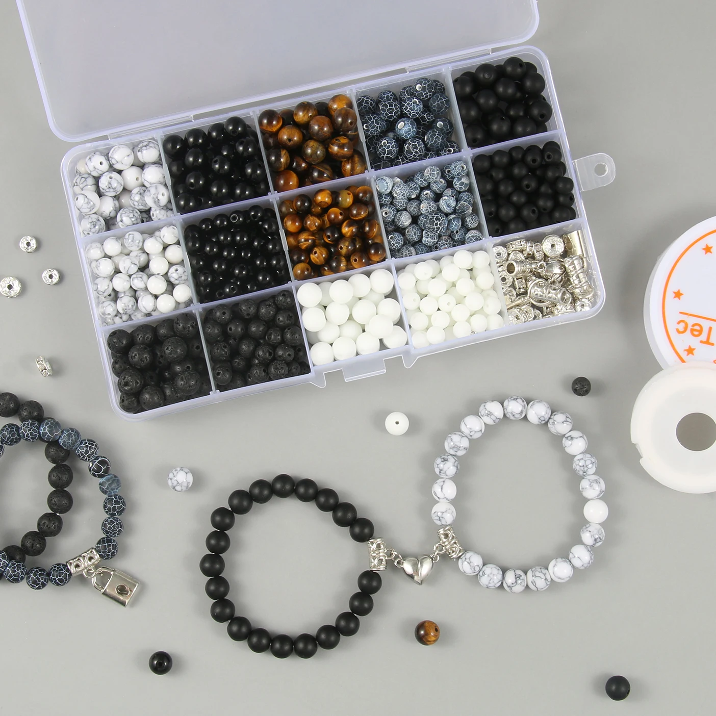 

Natural Stone Beads Kit for DIY Couples Distance Bracelet Elastic Cord Magnet Clasps Jewelry Accessories Box for Lover Friends