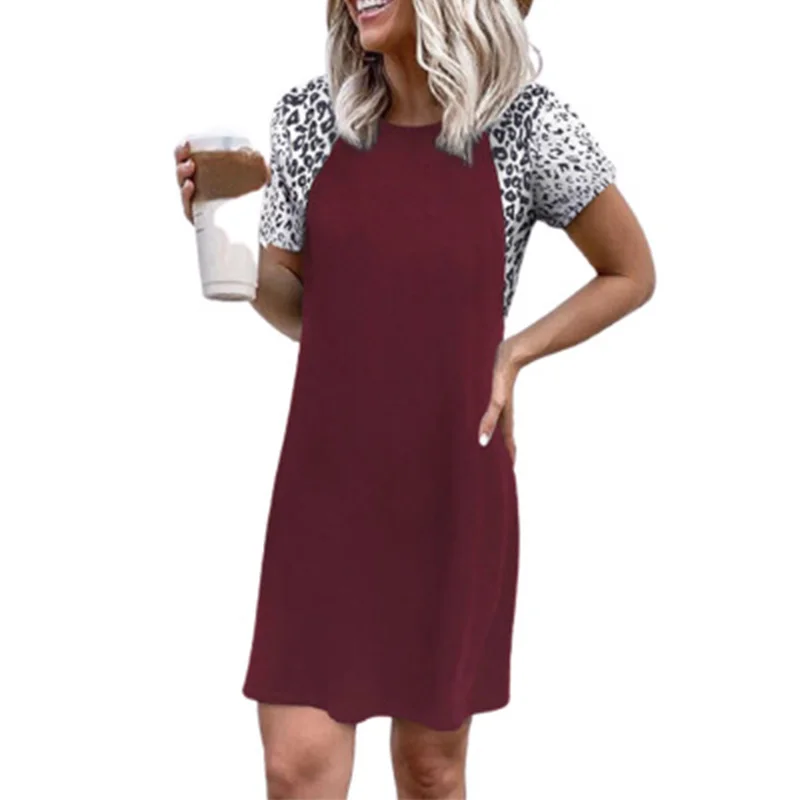 

2021 spring summer hot-selling casual printed round neck leopard print stitching short sleeve pullover dress women