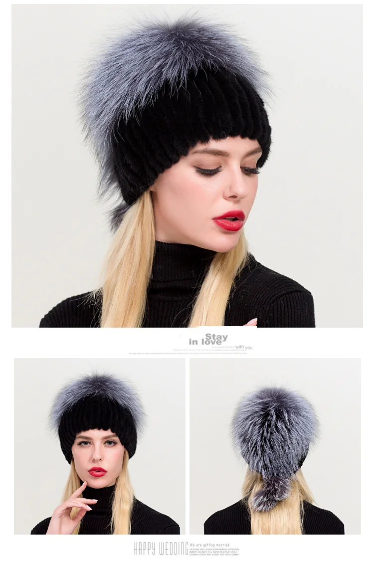 ZDFURS* горячая Распродажа модные зимние теплые женские вязаные шапки норковые шапки вертикальное плетение с лисьим мехом на верхней части