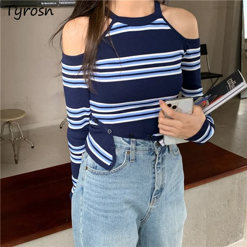 

Knitted Striped T-shirts Women Bare Shoulder Slender Fashion Korean Style All-match Casual Spring Autumn Vintage Crop Top New
