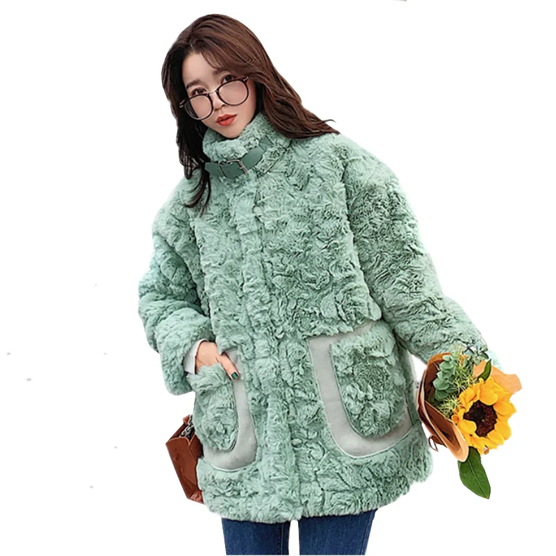 2021 Autumn Winter Female Faux Rabbit Hair Fur Jacket Korean Solid Loose Short Thick Outerwear Single Breasted Ladies Coat H898