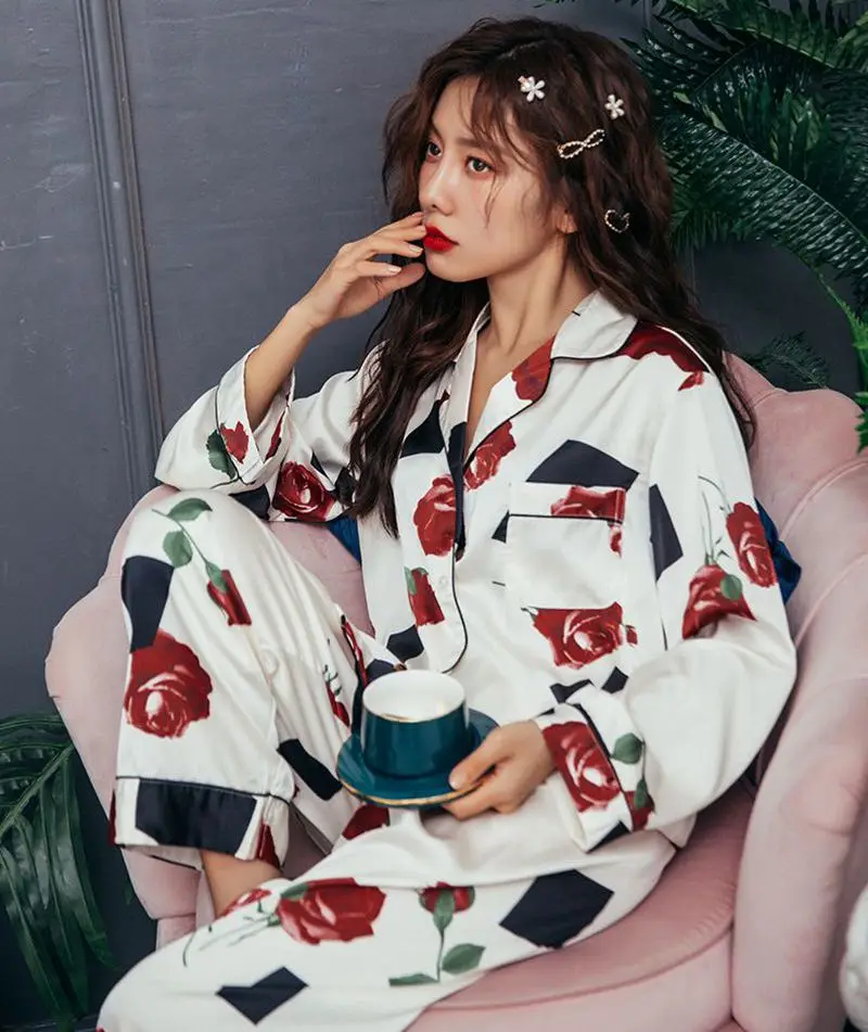 Smmoloa Autumn Winter Long Sleeves Pijama Women Nature Silk Pajamas