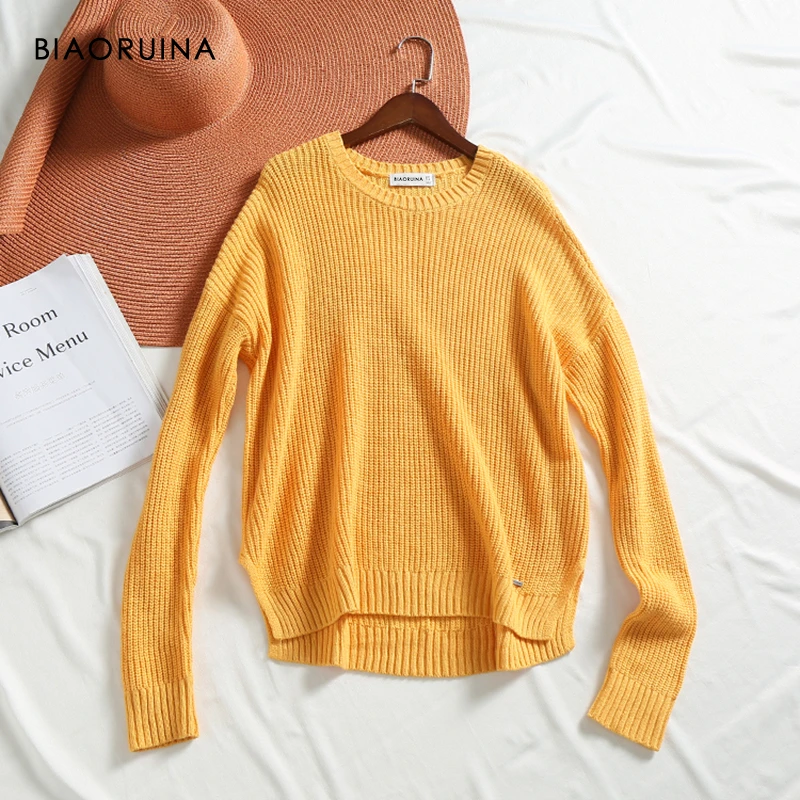 BIAORUINA женский желтый Однотонный свитер большого размера на каждый день вязаный