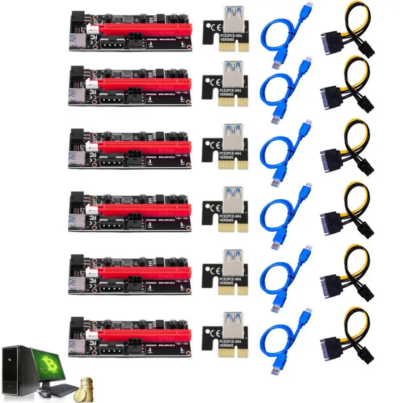 

6 шт. VER009 USB 3,0 PCI-E Riser VER 009S Express 1X 4x 8x 16x удлинитель Pcie Riser адаптер карта SATA 15pin до 6 Pin кабель питания