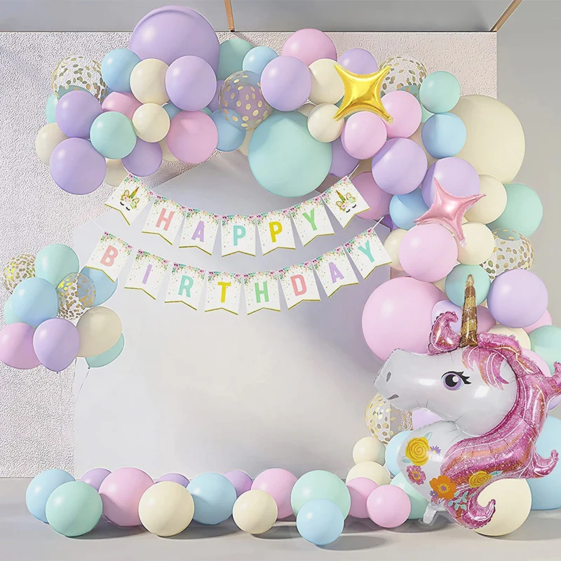 147pcs Macaron Unicorn Girl Happy Birthday Balloon Arch Baby Shower decorazioni Glitter Confetti Set