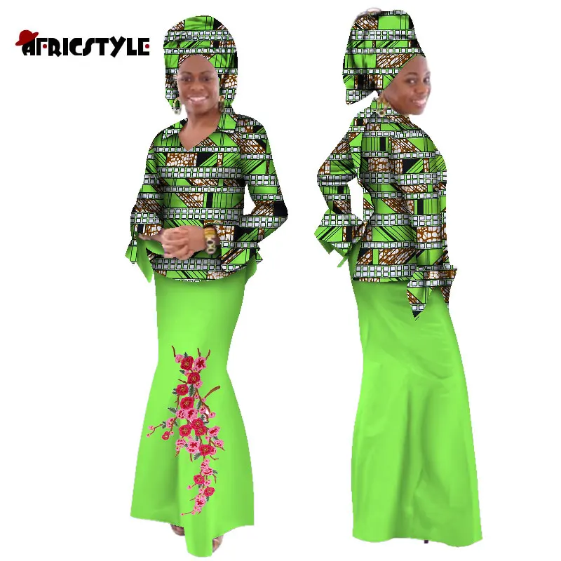 

African Clothes for Women 3 Piece Sets Suits Top and Skirts with Headwrap Match Embroidery Bazin Dashiki Party Costume WY165
