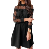 women elegant o collar button shirt dress sexy ladies lace mesh hollow out party dress 2021 casual puff long sleeve mini dresses