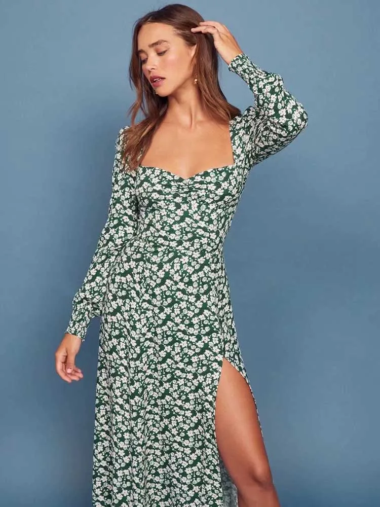 Зеленое цветочное женское платье liiundr с длинным рукавом тонкое Элегантное