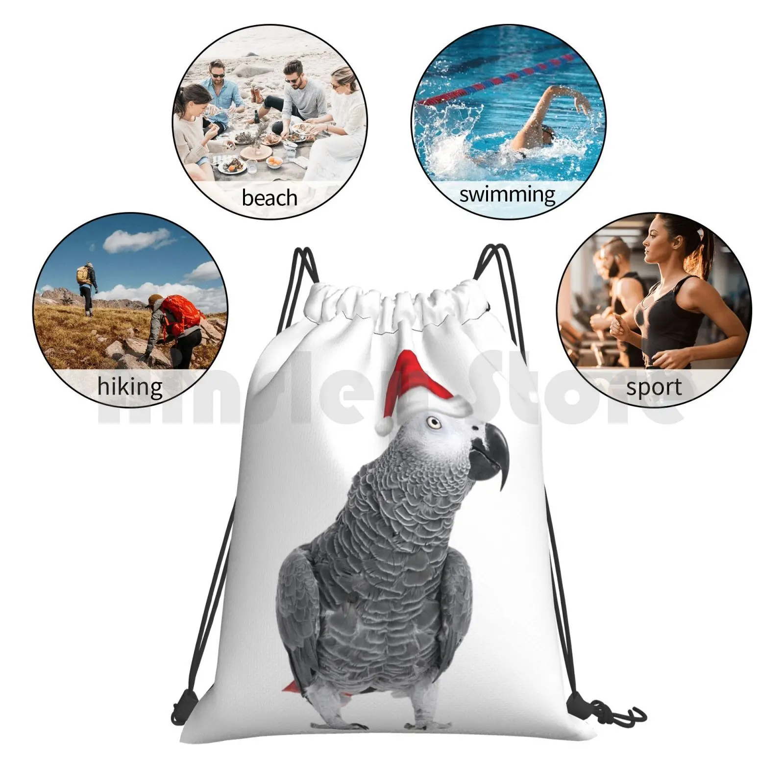 

African Grey Parrot-Merry Christmas! Backpack Drawstring Bag Riding Climbing Gym Bag African Grey African Grey Parrot Africa