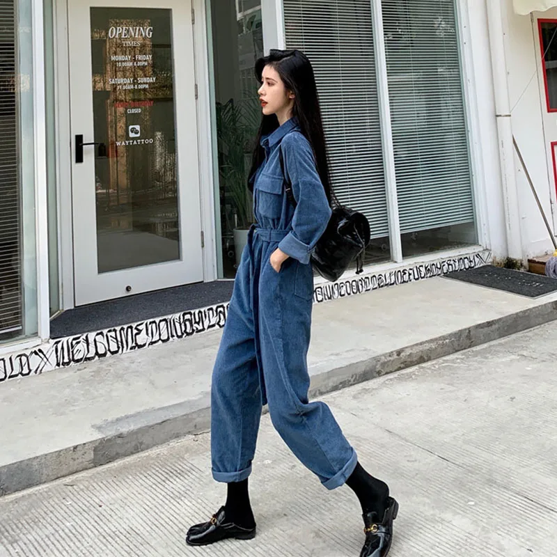

Corduroy Solid Pants Casual Jumpsuits Loose Women Slim Waist with Sashes