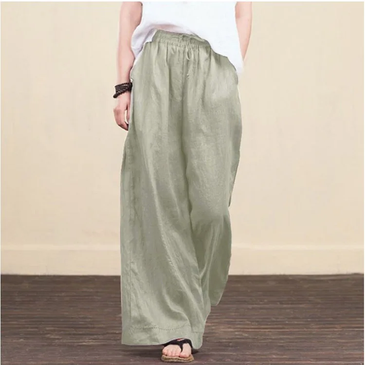 

Women Spring Summer Solid Cotton Linen Wide Leg Pants Casual High Waist Palazzo Loose Pocket Trouser Long Pantalon Plus Size 5XL