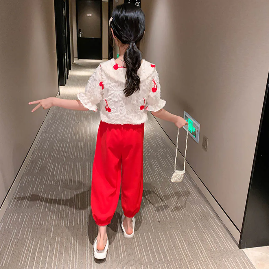 Детская летняя одежда с рисунком вишни для девочек блузка + штаны комплекты