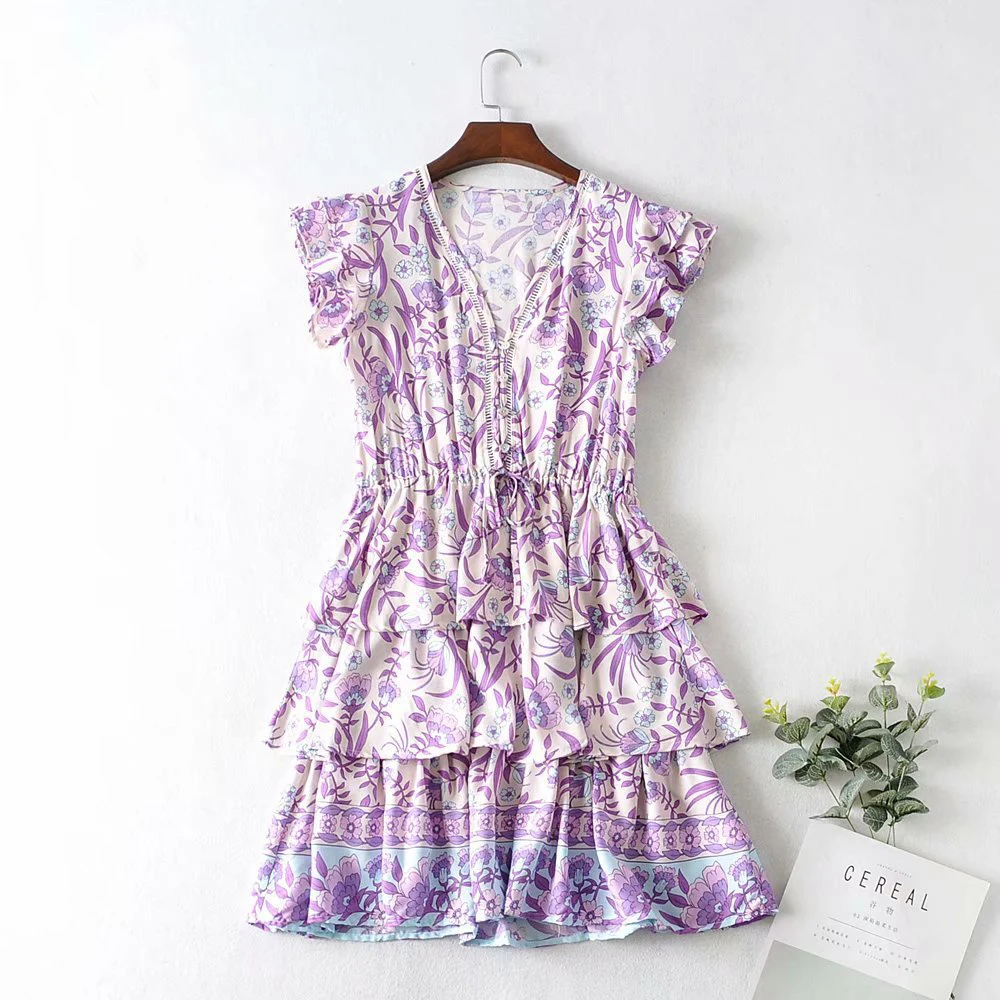 AYUALIN Мини платье для женщин vestidos пляжная одежда с цветочным принтом v образным