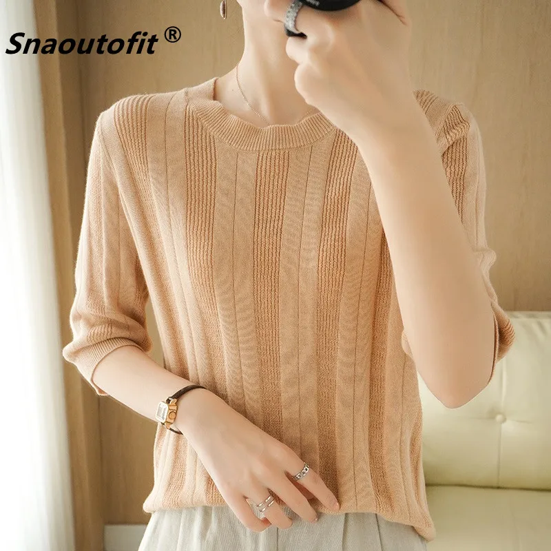 

Женская трикотажная футболка Snaoutofit, из чистого хлопка, с коротким рукавом, круглым вырезом, в Вертикальную Полоску, базовый свитер, лето 2021