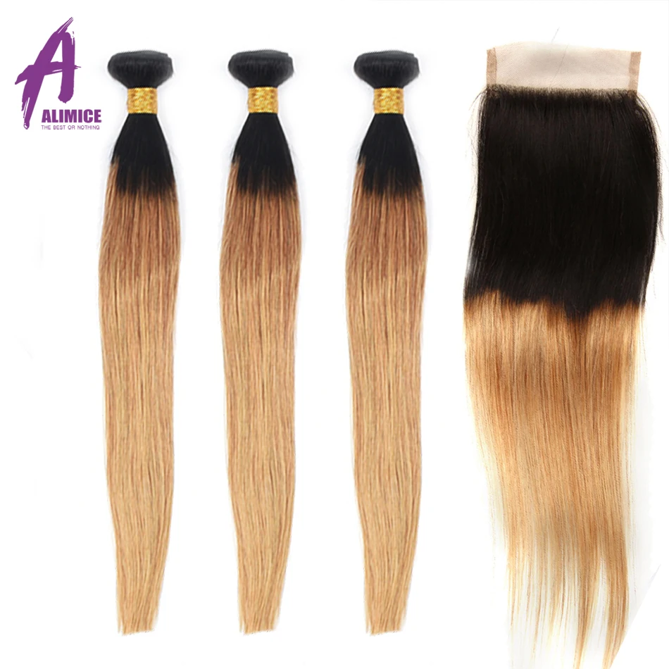 Алимице Омбре бразильские прямые волосы 3/4 пучки с закрытием T1B/27 медовый блонд Remy