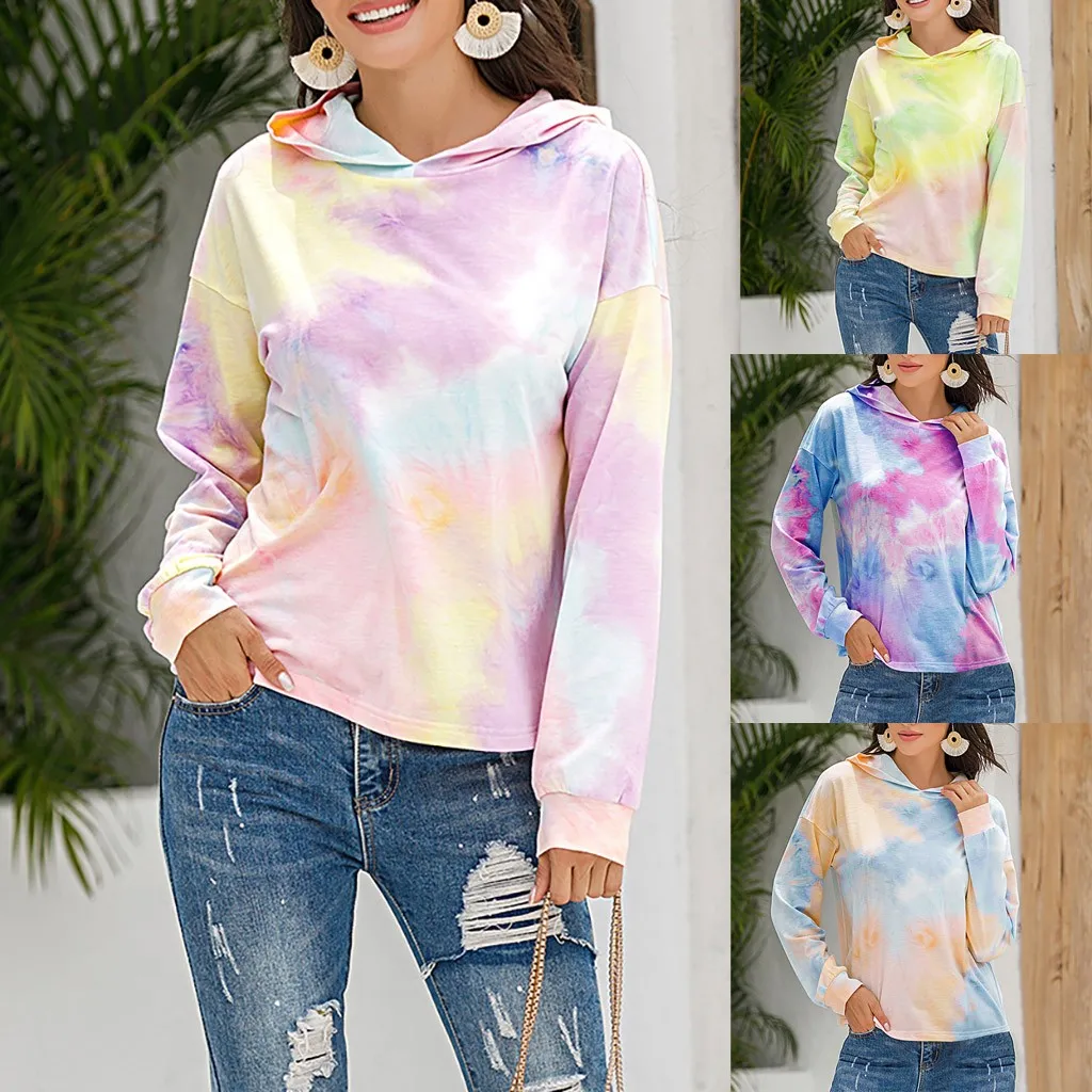 

FREE OSTRICH Fashion Casual Women Long Sleeve Tie-dye Print Hoodie Loose Hooded Tops Autumn Stylish Leisure Basic Sweatshirts
