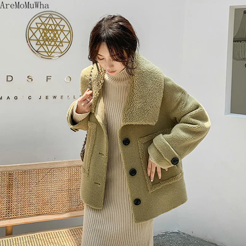 Новое зимнее меховое пальто AreMoMuWha из овечьей шерсти Дамское Свободное с