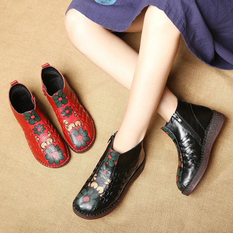

2019 Autumn and Winter National Wind Soft Bottom Female Short Boots Leather Flat-bottom Printed Women's Cotton Boots R5-79