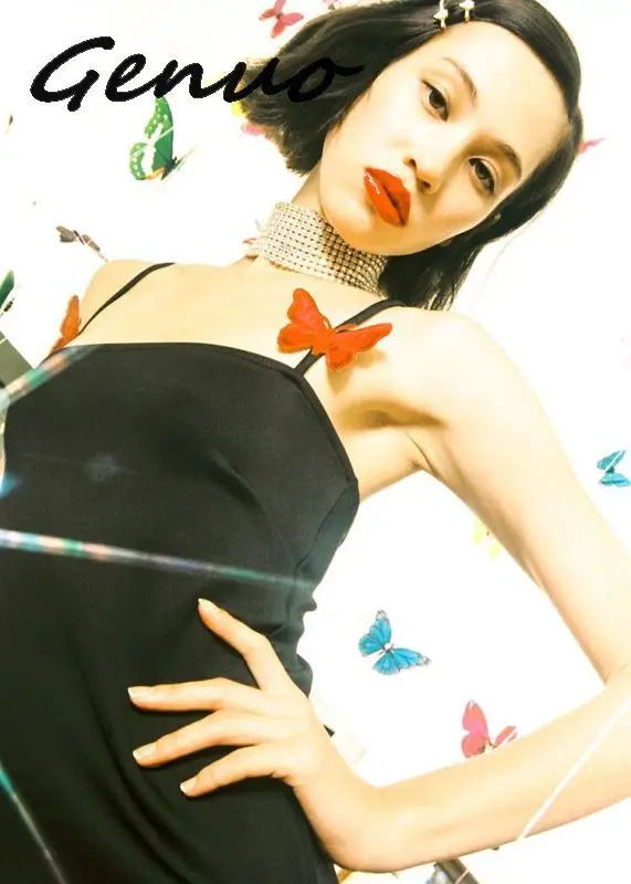 Лето Unif милый ретро винтажный Топ 90s вышивка фиолетовая бабочка короткий бандаж обрезанный облегающий Топ женский