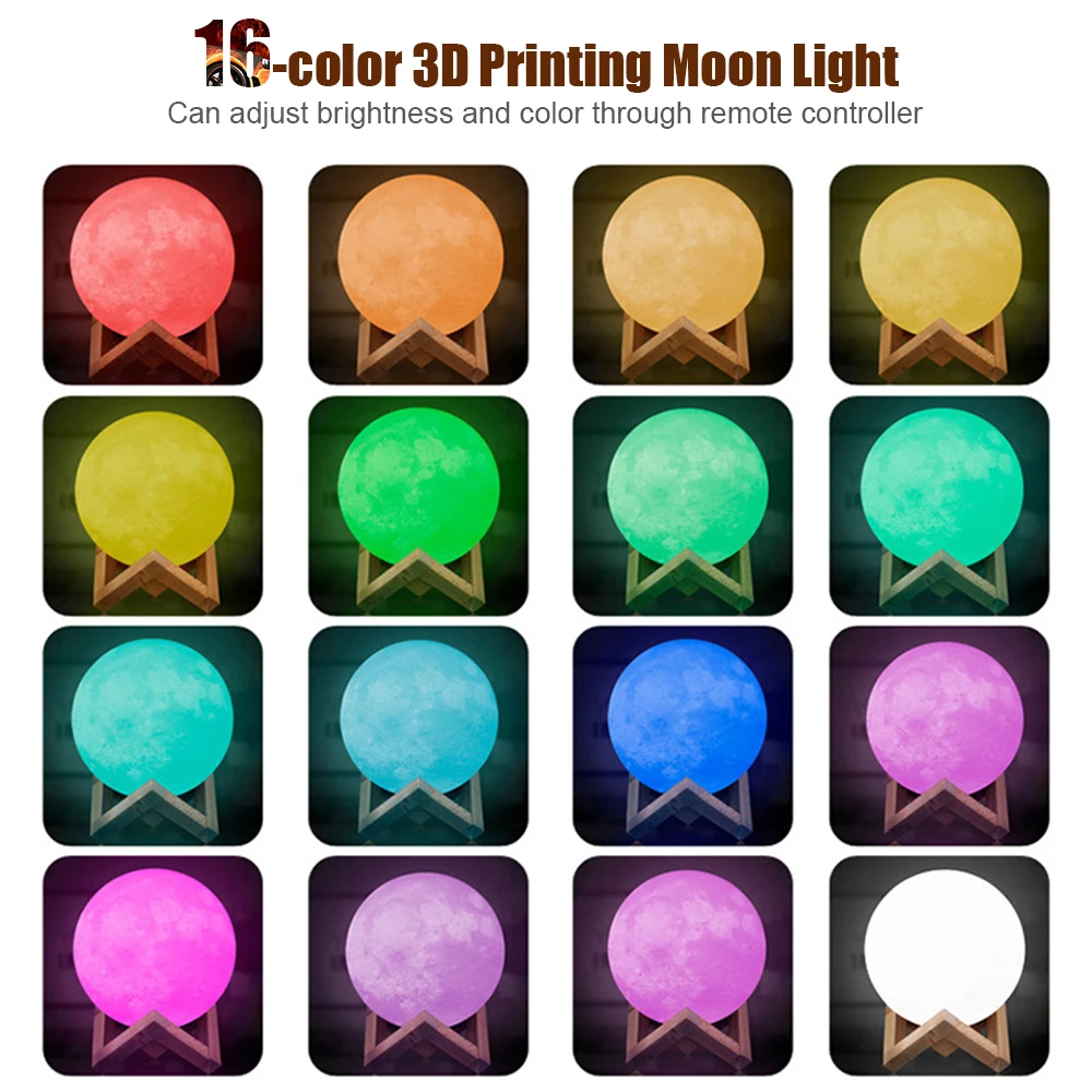 16 Colors-A Прямая поставка, Лунная лампа, 3D принт, Ночной светильник, USB Перезаряжаемый сенсорный/пульт дистанционного управления, Ночной светильник, Лунная лампа, подарок для детей - Испускаемый цвет: 16 Colors-A