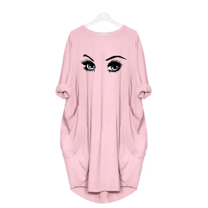 

Plus Size Dress Women Elegant Makeup Eyes Print Long Sleeve Round Neck Beach Party Club Woman Midi Dress Vestidos Vintage Robes