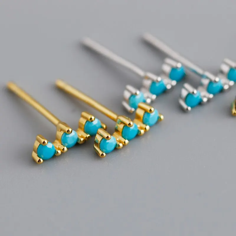 

A00357 925 Sterling Silver Blue Turquoise Zircon Strip Geometric Bar Stud Earrings for Women Bohemian Teen Office Jewelry