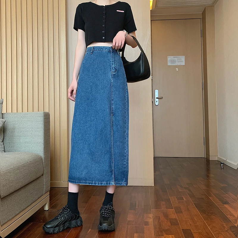 

Split High Waist Denim Skirts Women Korean Long Jeans Loose Skirts Vintage Harajuku Dark Light Blue Summer Dress Streewear H043