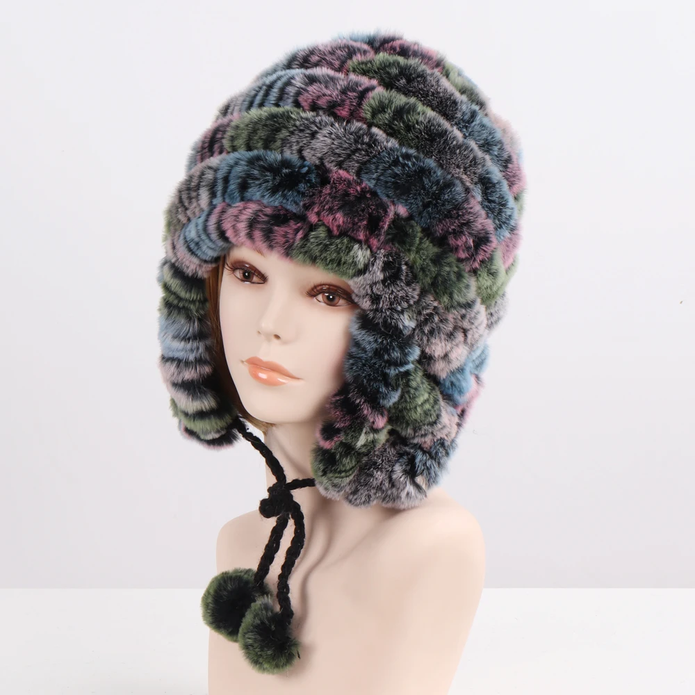 Хорошая эластичная вязаная шапка-бомбер из меха кролика рекс зимняя женская