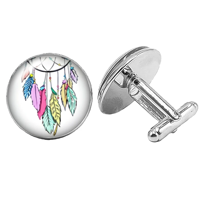 2019 Hot Sale Color Feather Dreamcatcher Pattern Cufflinks Glass Bevel Handmade Art Gift | Украшения и аксессуары