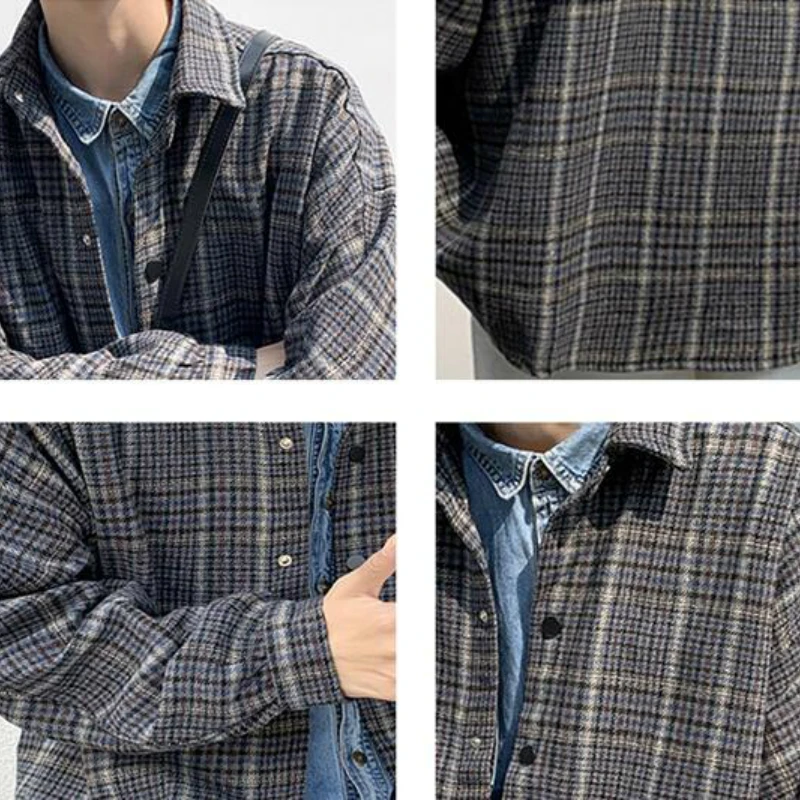 

Men Blends Turn-down Collar Long Sleeve Button Plaid Sanding Retro Vintage Male Casual Wool Korean Style Chic Loose All-match
