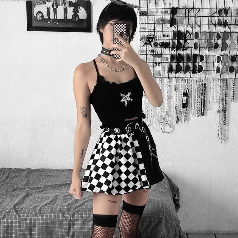 

2021 y2k Women's Mini Skater Skirt Casual High Waist Checkerboard Print Color Block Flared Skirt 2 Colors