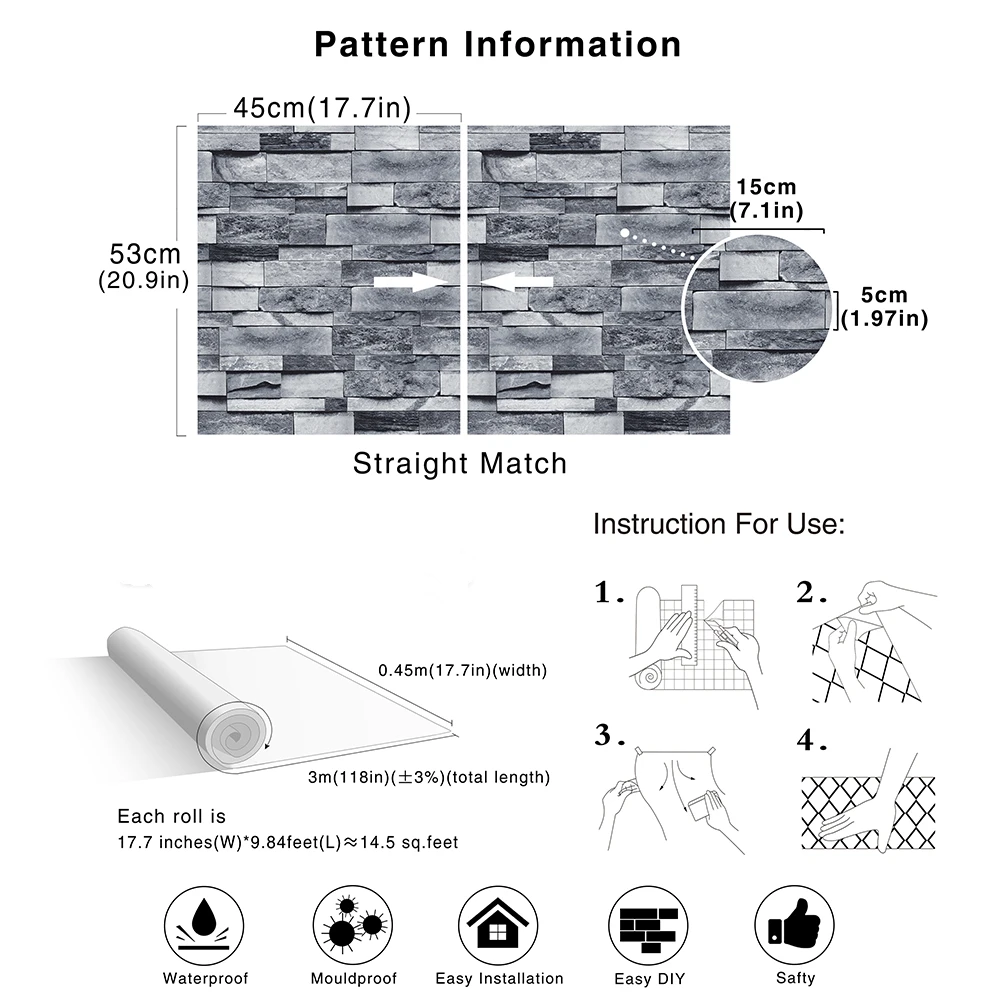Самоклеящиеся обои светло серого цвета с изображением кирпича из искусственного