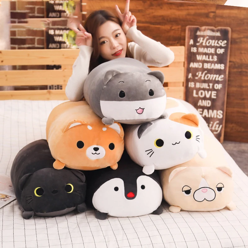 

Long Animals Plush Toy Stuffed Squishy Animal Bolster Pillow Dog Cat Shiba Inu Penguin Cylindrical Plushie Toy Sleeping Friend