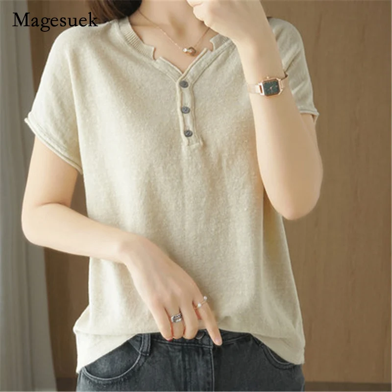

2021 Summer New Blouse for Women V-neck Knitted Short Sleeve Cotton T-shirt Casual Loose Shirt Office Lady Clothing Blusa 14643